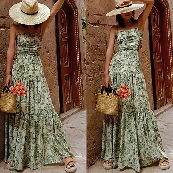 Army Green Boho Women's Vacation Printed Bohemian Backless Maxi Cami Dress - Picture 1 of 9